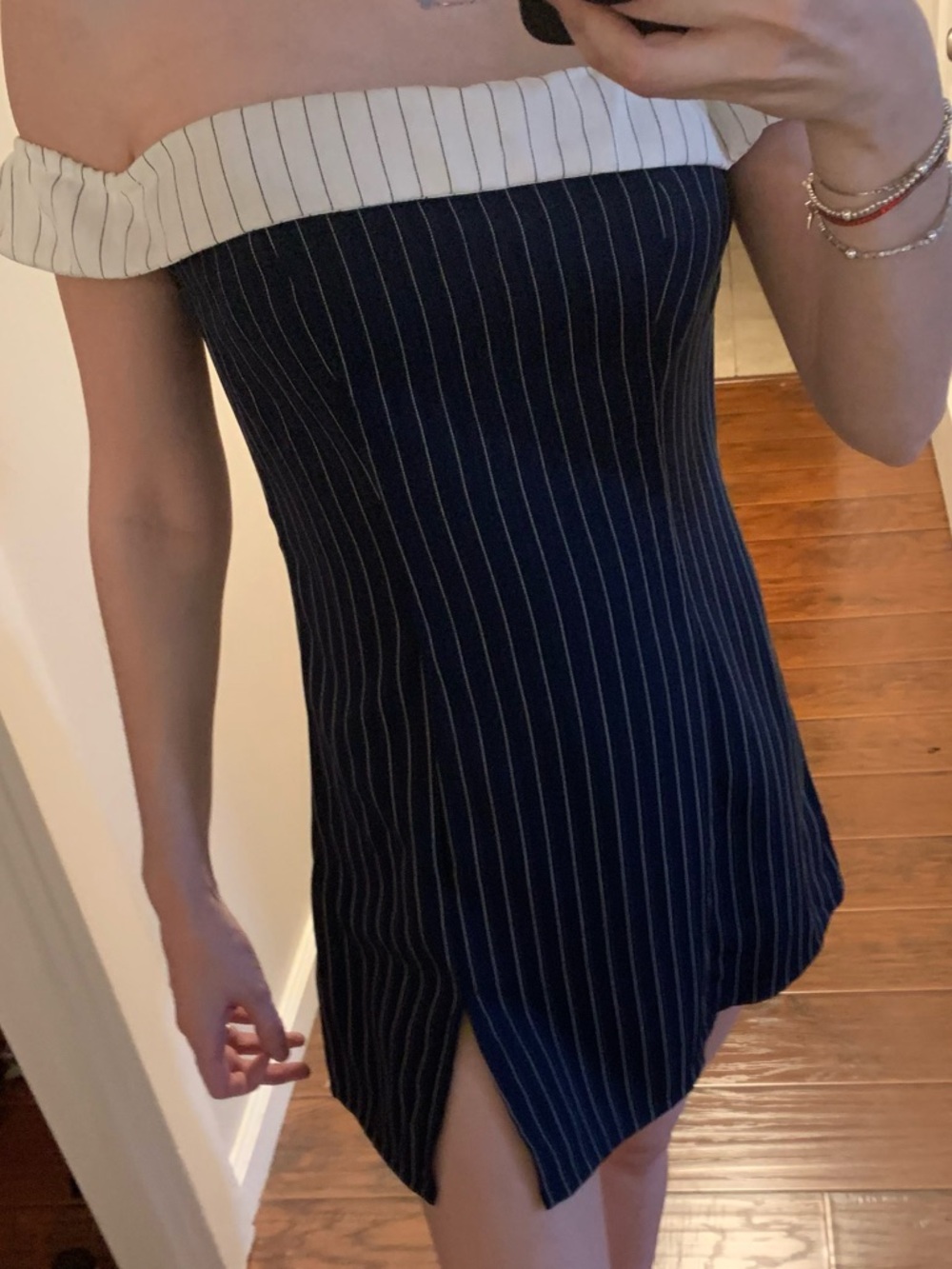 Cider Navy Pinstripe Off-Shoulder Mini Dress with White Ruffle
